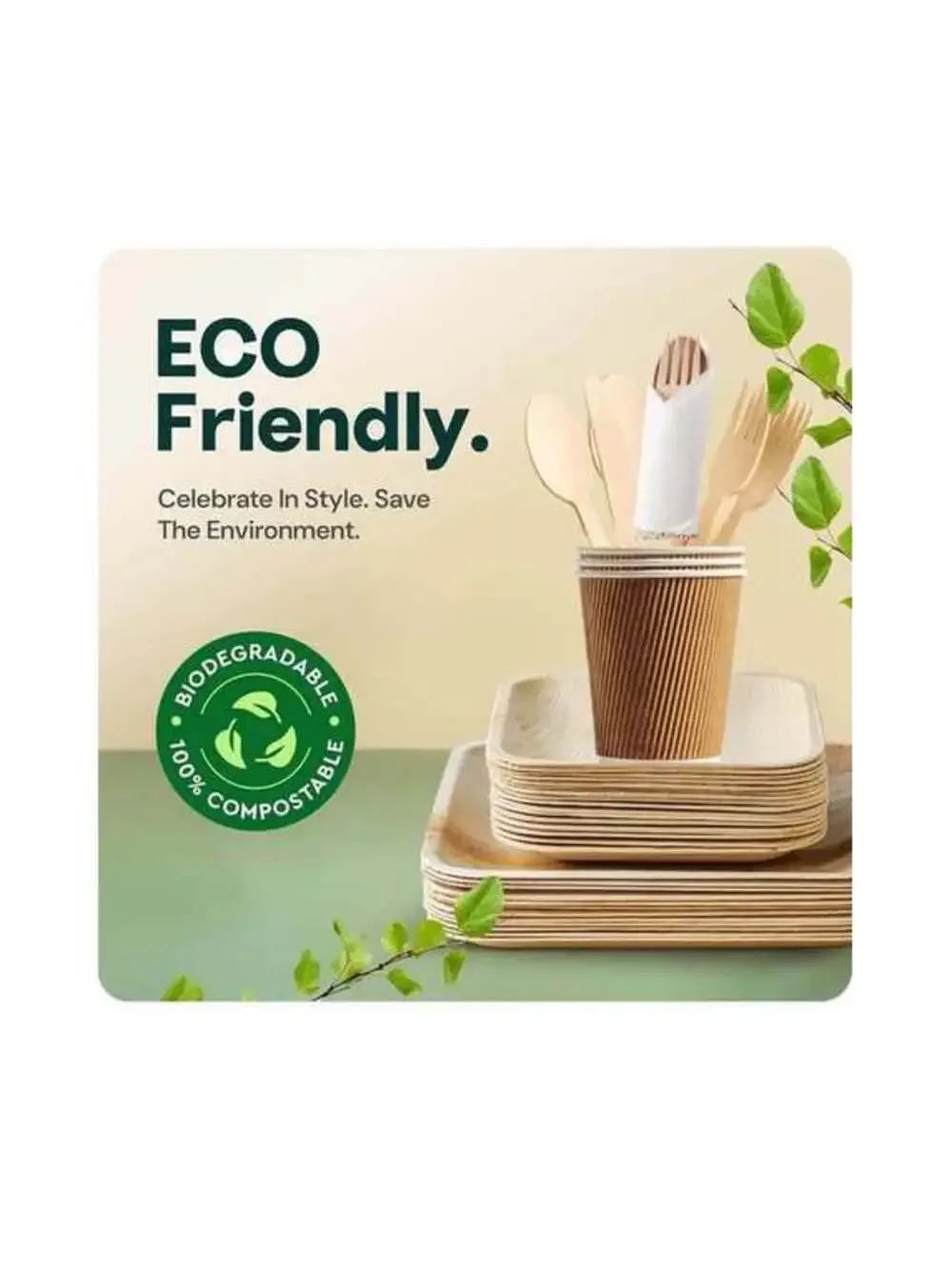 Eco-Friendly Palm Leaf Bamboo Plates & Cutlery Party Set - New in Box